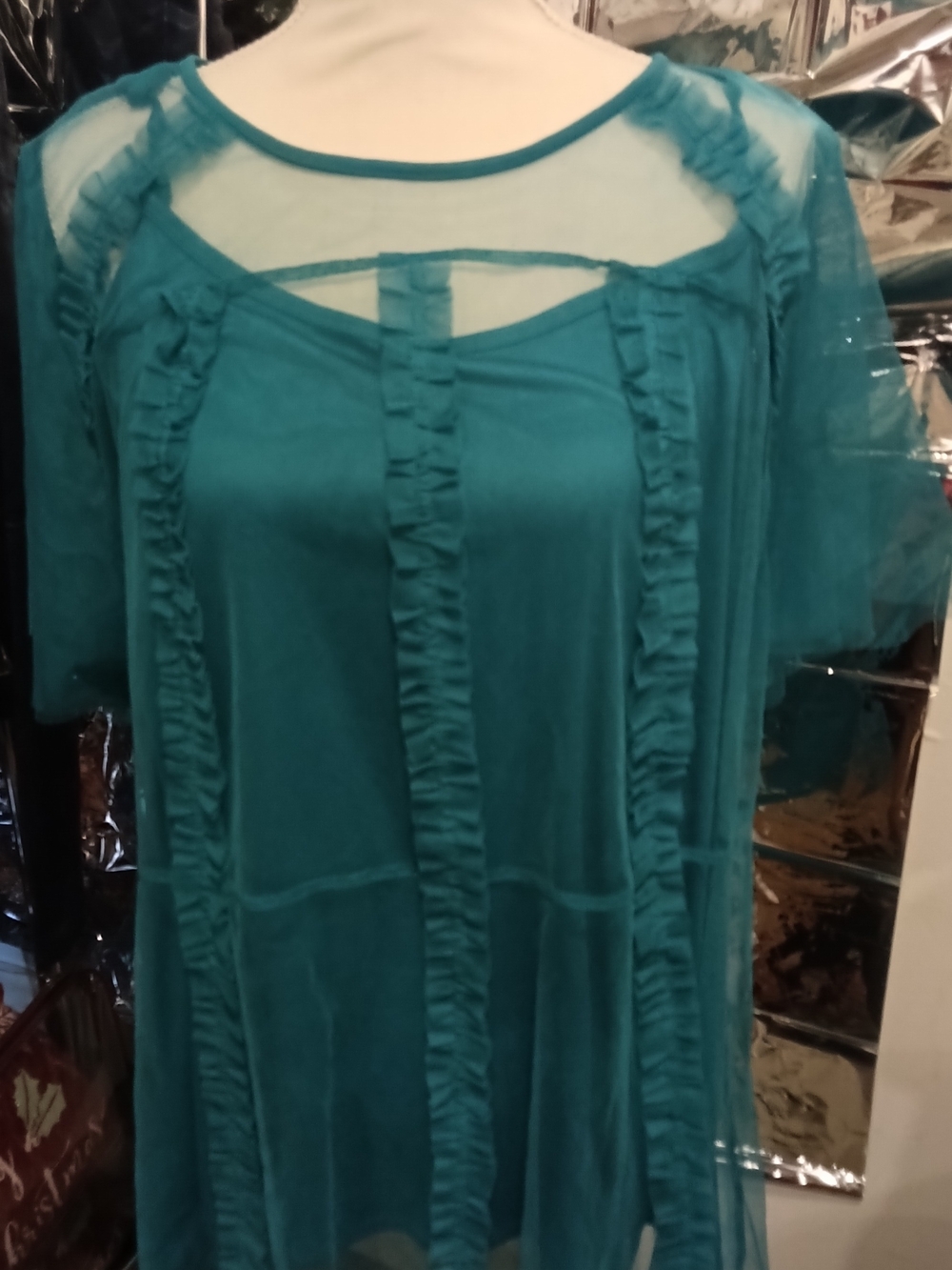 Lane Bryant Teal Mesh Ruffle Tunic